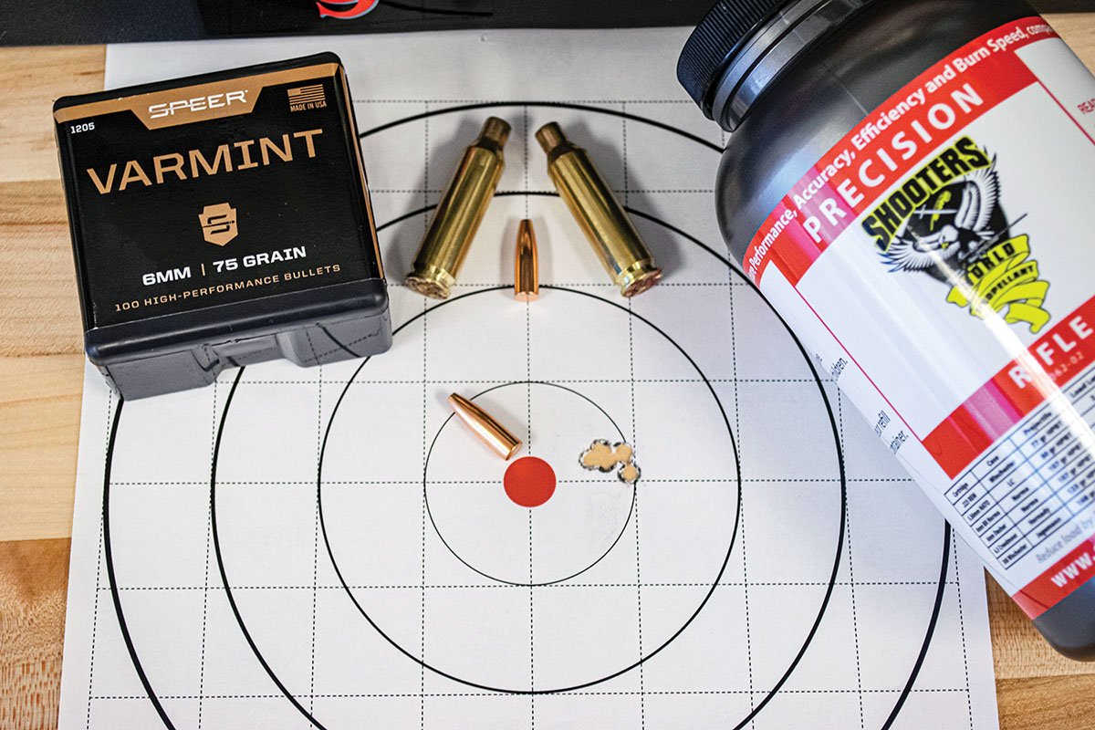 An excellent load for varmints and predator hunts, using 39 grains of Shooters World Precision rifle powder with a Speer 75-grain Varmint HP. This combination put five shots into a group size of just .37 inch.
